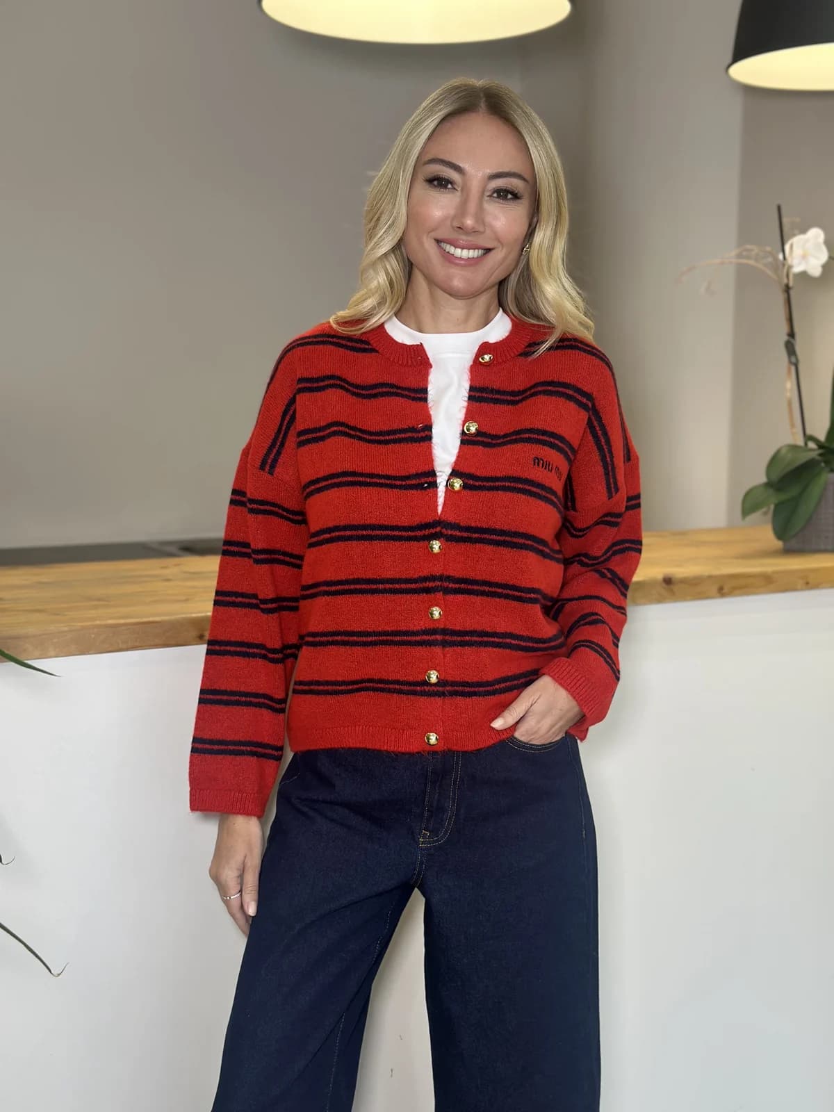 Fiona Kırmızı Çizgili Hırka