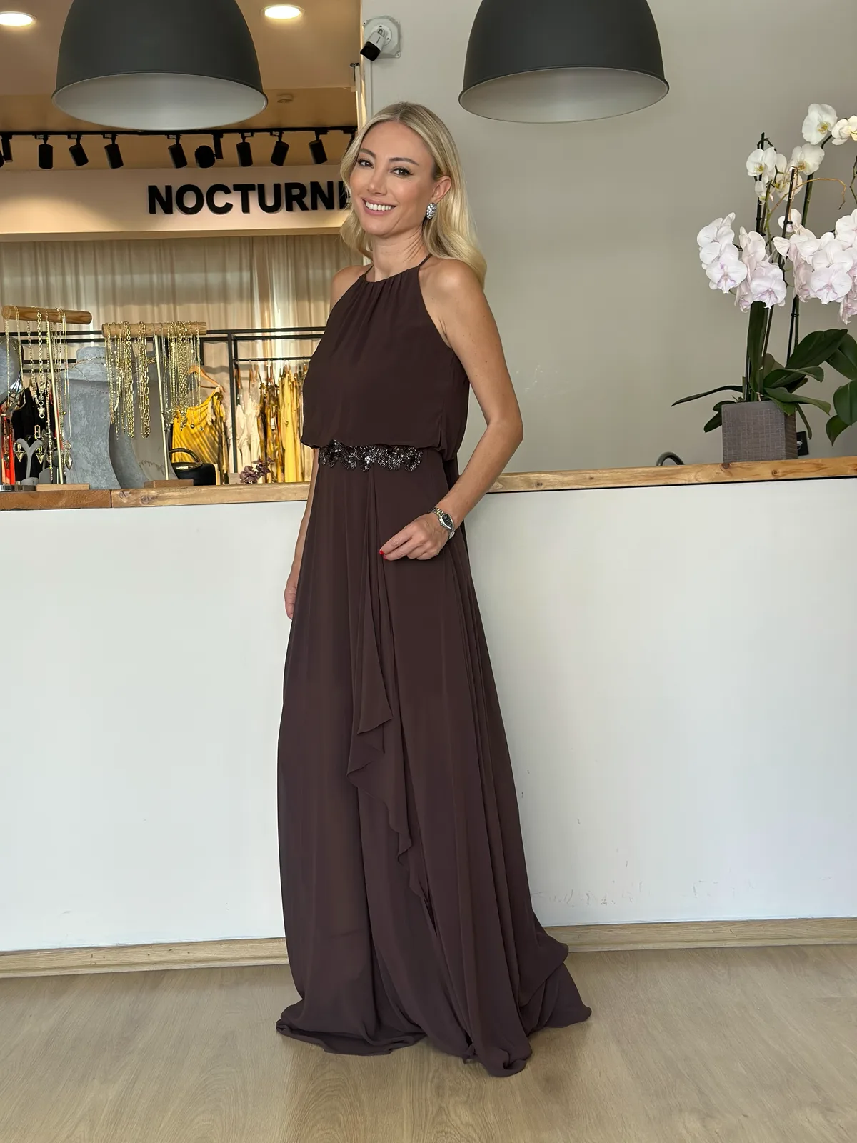 Şifon Kahve Taş Detaylı Tasarım Elbise Askı00257 - ₺7.499,99 | ASKI BOUTIQUE Balat Şifon Kahve Taş Detaylı Tasarım Elbise Askı00257 Elbise - Detay Görseli 3 | ASKI BOUTIQUE Balat